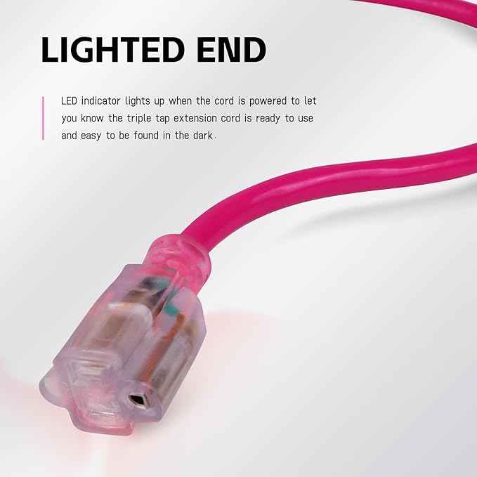 EP 15 Ft Outdoor Extension Cord, 12/3 SJTW Heavy Duty Waterproof Power Cable, 3 Prong Grounded Plug, Lighted End, for Lawn, Garden, Appliances, Pink