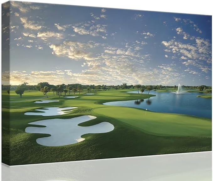 Blue Monster Golf Course Canvas Wall Art for Living Room Bedroom Bathroom Home Decorations Paintings Golf Course Picture Poster Framed Artwork Ready to Hang(28''H x 44''W)