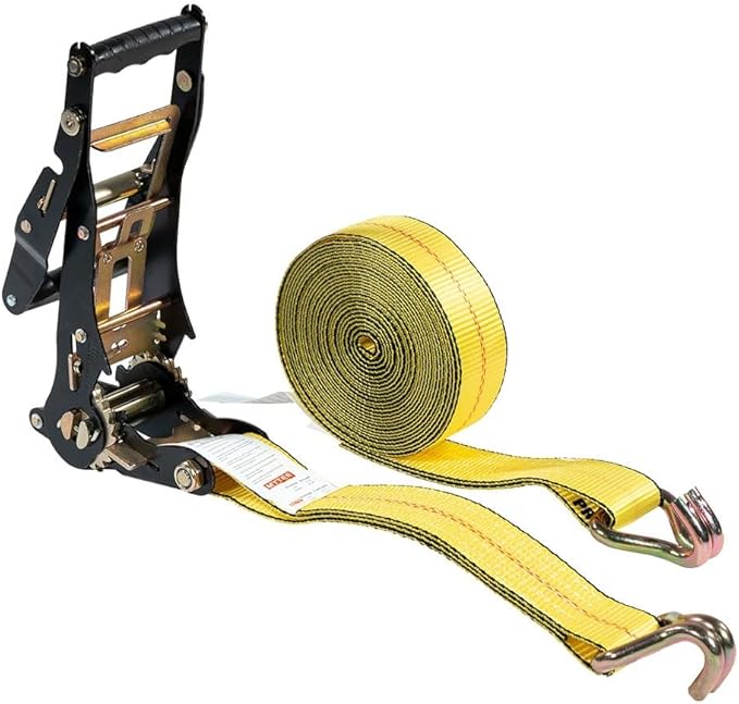 Mytee Products 2" x27' Yellow Ratchet Strap with J Hooks - 10,000 Lbs Breaking Strength - Heavy Duty Tie Down Large Bar Handle and Cargo Straps with Wire Hooks for Flatbed, Truck, Trailers Pickup