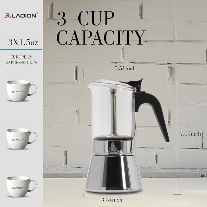 LAOION Stovetop Espresso Maker, 3Cup 160ml Moka Pot, Cuban Coffee Maker | Crystal Glass-top & Stainless Steel Coffee Maker Mocha Pot, Greca De Cafe, Cuban and Italian Coffee Maker for Cafetera Cubana