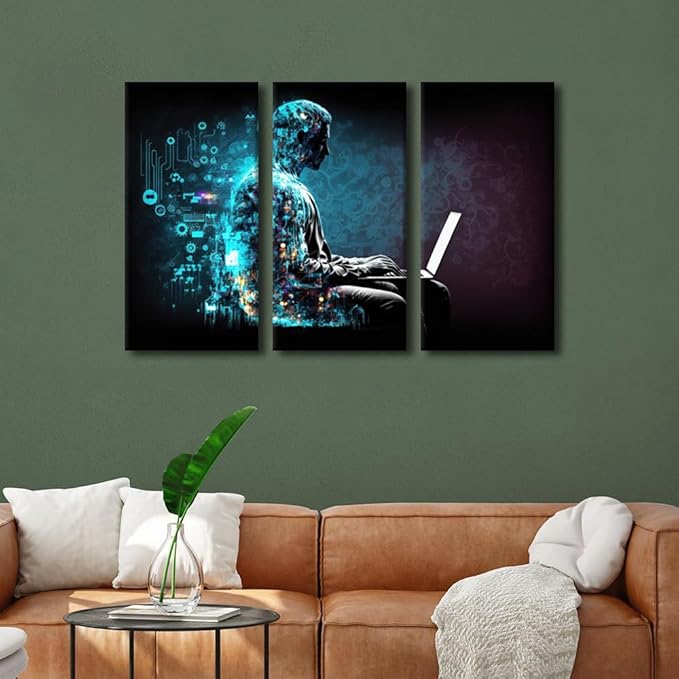 TUMOVO 3 Panels Future Technology Pictures Print on Canvas Wall Decoration for Bedroom Living Room Computer Code Wall Art Artificial Intelligence Artwork Ready to Hang, 36" Wx24 H