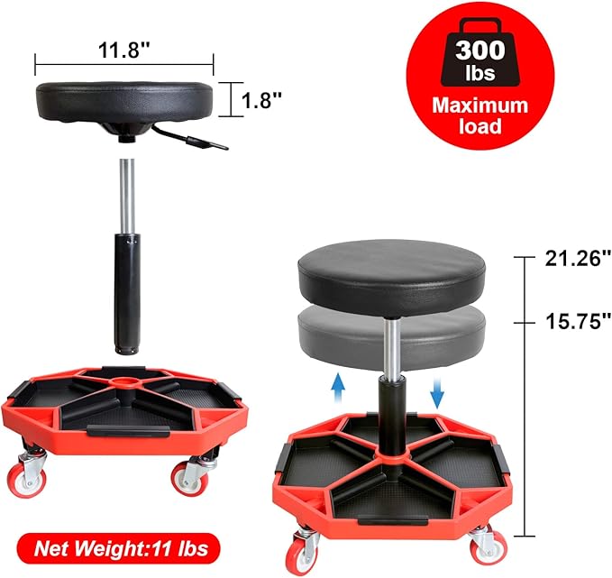 TCE ATRXF8308U Pneumatic Creeper Seat/Padded Adjustable Mechanic Stool with Removable Tool Tray Storage, 300 lb Capacity, Black/Red