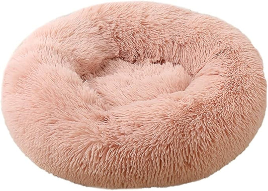 Calming Faux Fur Dog Beds Calming Donut Cuddler Dog Bed Washable Round Cat Bed Pillow Cuddler Fluffy Indoor Dog Calming Beds with Anti Slip Bottom Solid Color Peach Pink 20 Inch