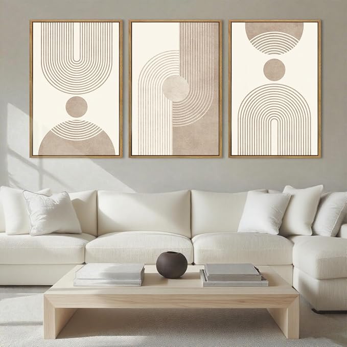 BINCUE Beige Neutral Canvas Wall Art Framed Geometric Abstract Wall Decor Mid Century Modern Artwork Wall Decor for Living Room Bedroom Office 16"x24" Set 3 Gift