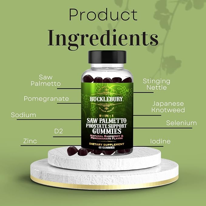 9-in-1 Saw Palmetto Gummies for Prostate and Urinary Support - Natural Raspberry and Pomegranate Flavour Plant-Based Dietary Supplement for Bladder Emptying and Hair Loss - 60 Gummies