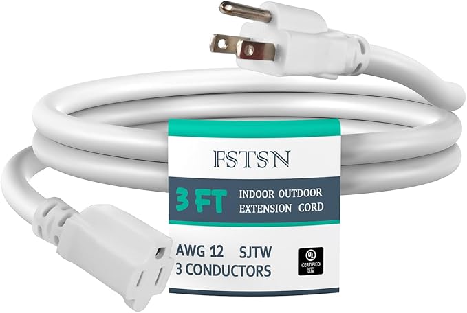 3 ft Heavy Duty Extension Cord - 12/3 SJTW 15 AMP Indoor Power Cord with 3 Prong Grounded Plug for Lawn Mower, Appliances, Workshop, Christmas Lights Water Resistant Flexible Cable White.