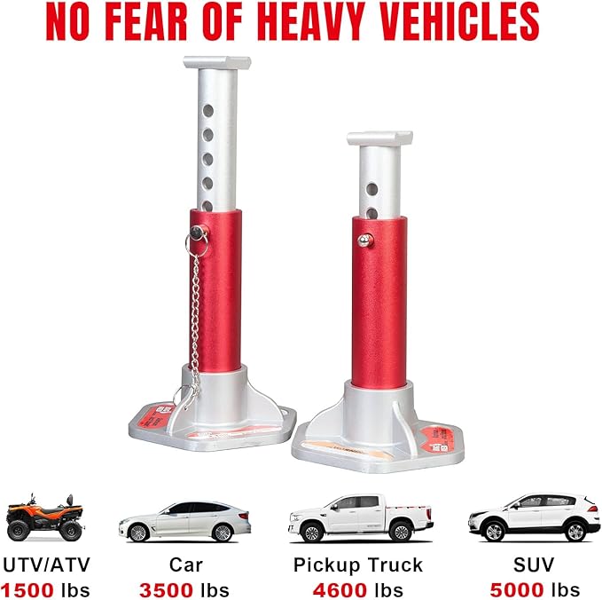 Big RED 3 Ton Aluminum Jack Stands, for Cars, ATV's and UTV's, with 6 Locking Support Pins, Red/Silver, 2 Pack