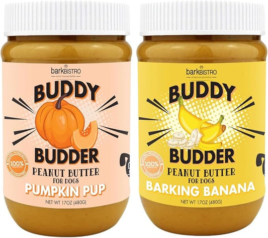 BUDDY BUDDER Barkin Banana + Pumpkin Pup, 100% All Natural Dog Peanut Butter, Peanut Butter Dog Treat, Made in USA (Set of 2 | 17oz ea)