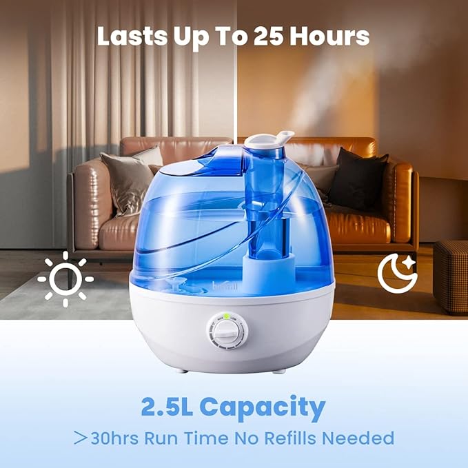Cool Mist Humidifiers for Bedroom & Large Room (2.5L Water Tank) Quiet Ultrasonic Air Humidifier For Babies Nursery, Office, Indoor Plants & Whole House -Adjustable 360 Rotation Nozzle, Auto-Shut Off