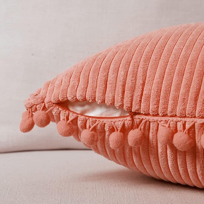 Fancy Homi Pack of 2 Coral Decorative Throw Pillow Covers 12x20 Inch with Pom-poms for Living Room Couch Bedroom, Soft Corduroy Peach Solid Lumbar Cushion Case 30x50 cm, Rustic Farmhouse Home Decor
