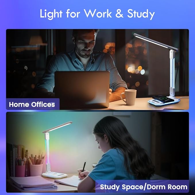 RGB Gaming Desk Lamp with Music Sync,Dimmable LED Lamp with Wireless Charging Station,USB Charging Port,Color Changing Touch Control Light for Gamer Room Decor,Reading,Office,Gift Ideas