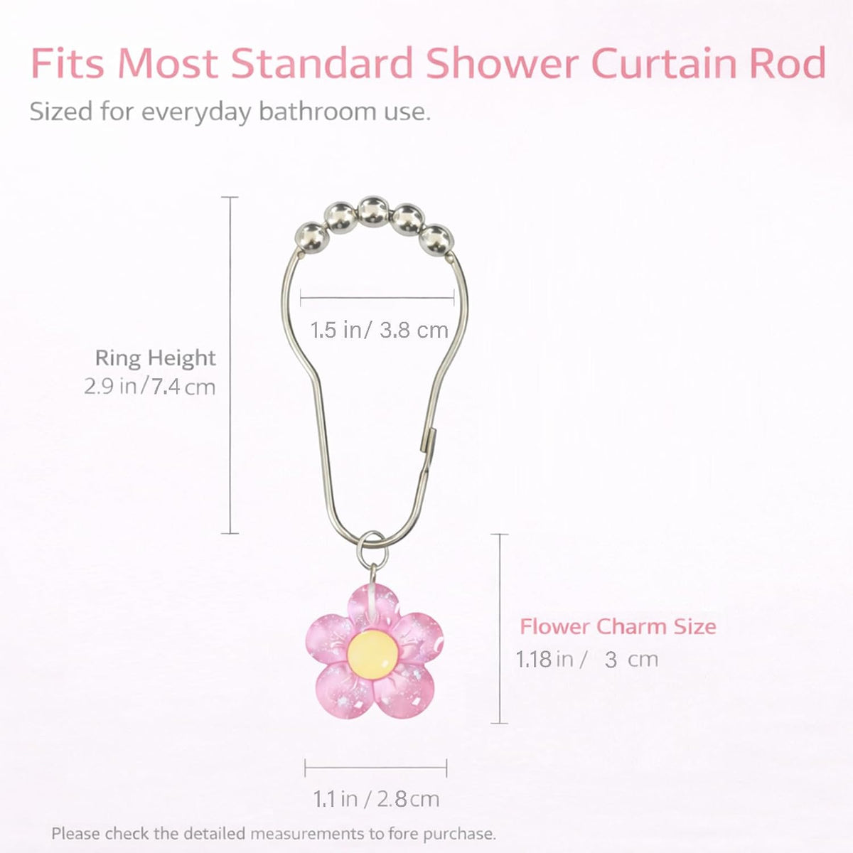 12 Pcs Pink Bow Shower Curtain Hooks, Decorative Shower Curtain Rings Rust Proof, Cute Aesthetic Bathroom Curtain Hooks for Girls, Teens & Women (Light Pink Flower)