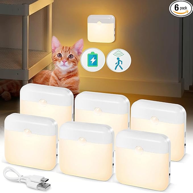 USB Rechargeable Battery Night Light Indoor,Stick-on Motion Sensor Puck Night Lights-No Need Plug Into Wall, Mini Motion Sensor Closet Lights for Stair Hallway Bedroom Toilet Cabinet, 6 pcs,2 Colors