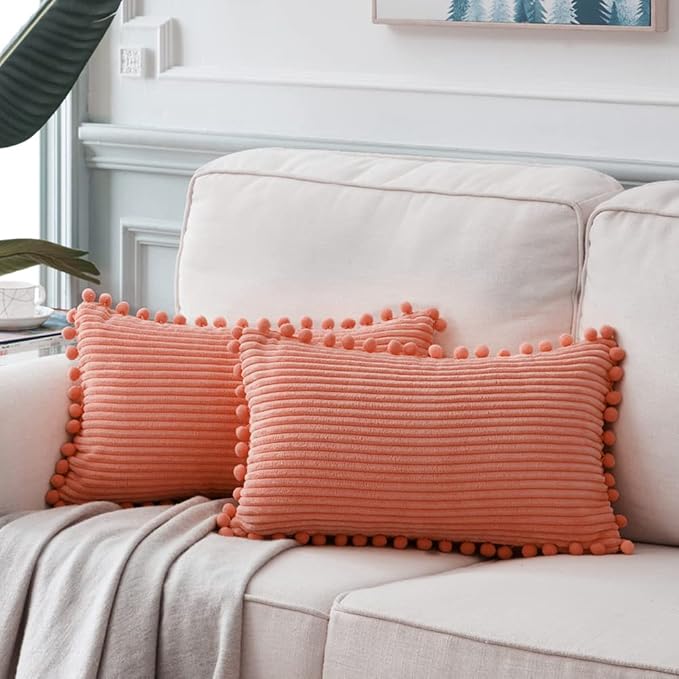 Fancy Homi Pack of 2 Coral Decorative Throw Pillow Covers 12x24 Inch with Pom-poms for Living Room Couch Bedroom, Soft Corduroy Peach Solid Lumbar Cushion Case 30x60 cm, Rustic Farmhouse Home Decor