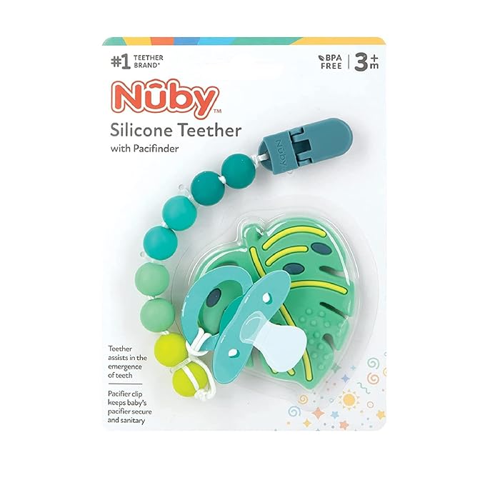 Nuby All Silicone Teether with Bonus Silicone Pacifinder with Clip - 3+ Months, 1pk,Monstera Leaf
