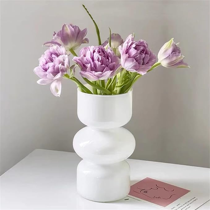 JSPYFITS Glass Hydroponic Flower Vase, 7 Inches Colored Glass Bubble Vases for Flower, Three-Layer Glasses Funky Vase for Home/Office/Weddings/Party Table Flower Decor (White)