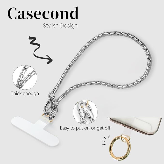 Phone Wrist Strap Metal Phone Chain Lanyard Hand Wristlet Detachable Phones Charm with 3 Tether Tabs with CellPhone Stand Holder Finger Grip Universal for Women Girls Traveling Party Walking Silver