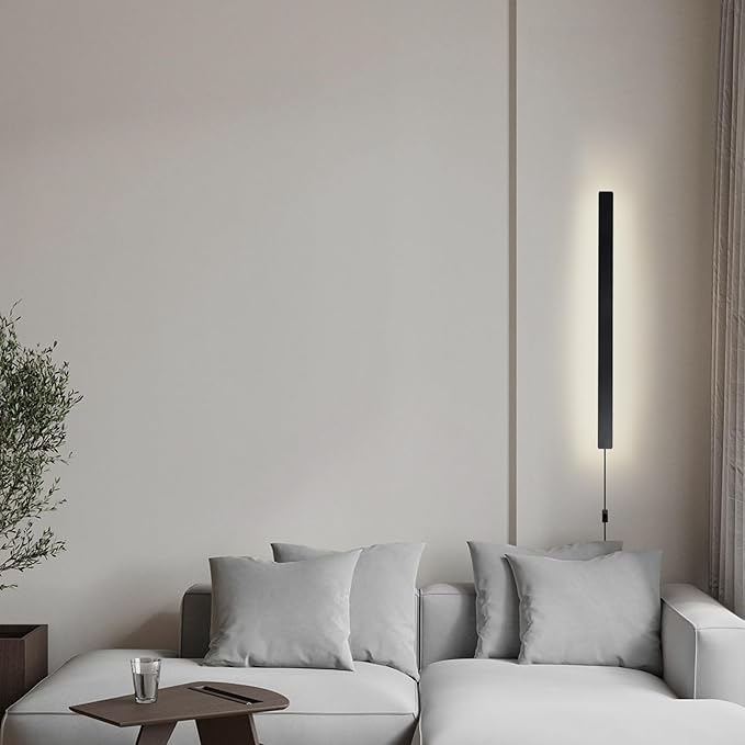 Modern Plug in Wall Lights, 31.4 inch Frosted Black LED Long Wall Sconce, 16W Warm White 3000K Acrylic Indoor Wall lamp,with 59" Plug Cable for Bedroom, Living Room, Hallway