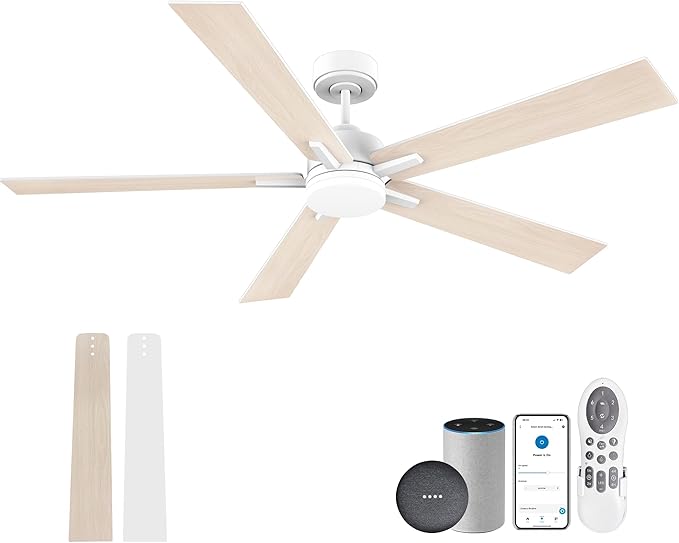 60” Smart Ceiling Fan with Lights Remote,Control via Alexa Google Voice App Wifi,Silent DC Motor,Dimmable,Outdoor Indoor Modern Ceiling Fans for Large Bedroom Patio Porch,White and Wood