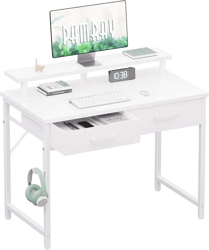 Pamray 32 Inch Small Computer Desk with Monitor Stand and 2 Drawers | Small Gaming Desk, for Bedroom Apartment and Dorm, for Study Work and Writing, Small Spaces, Sturdy, Easy Assembly