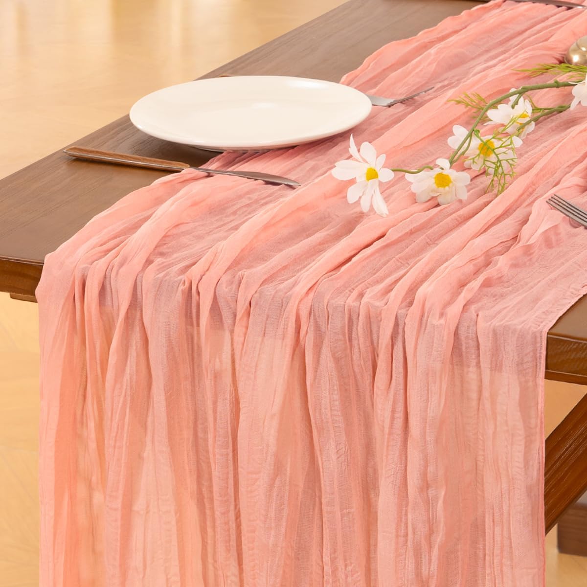 Socomi Cheesecloth Table Runner Summer Boho Wedding Shower Party Home Decor | Peach Rustic Gauze 14FT Cheese Cloth Sheer Farmhouse Centerpiece Runner for Baby Shower Birthday Holiday Decorations