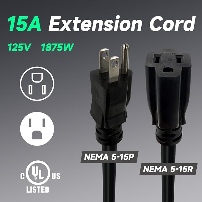 EP 12/3 6 FT Indoor Outdoor Black Extension Cord Waterproof, 12 Gauge 3 Prong Power Cord Flexible Resistant Appliance Extension Cable Electric Cable Outside, 15A 1875W 12AWG SJTW, ETL Listed