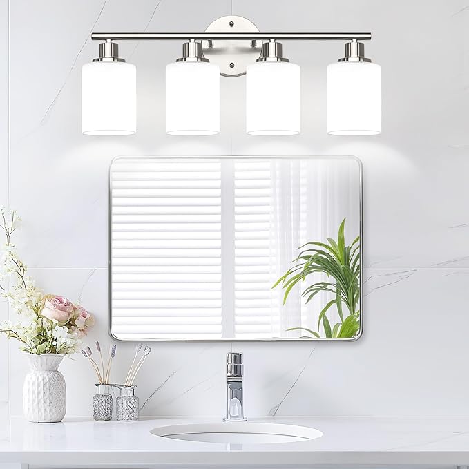 4-Light Bathroom Light Fixtures, Brushed Nickel Modern Vanity Lights with Milky White Frosted Glass Shades, Bathroom Wall Lamp for Mirror Kitchen Living Room