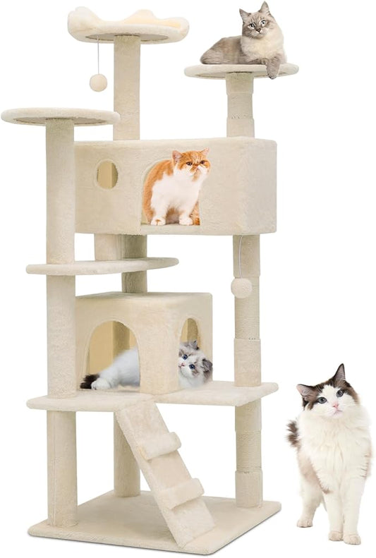 Athena Collection Multi-Level Cat Tree Center with 2 Cat Condo & Scratching Post & Dangling Ball, 54 Inch Tall Cat Tower, Beige