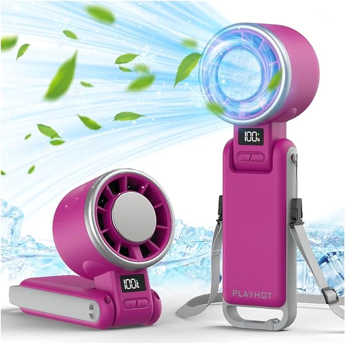 PlayHot Portable Handheld Turbo Fan with Ice Cooling, Rechargeable Personal Fan, Up tp 12Hrs Cooling, 5 Speed 25550RPM Powerful Portable Fan for Travel, Outdoor, Camping, Hiking (Magenta)
