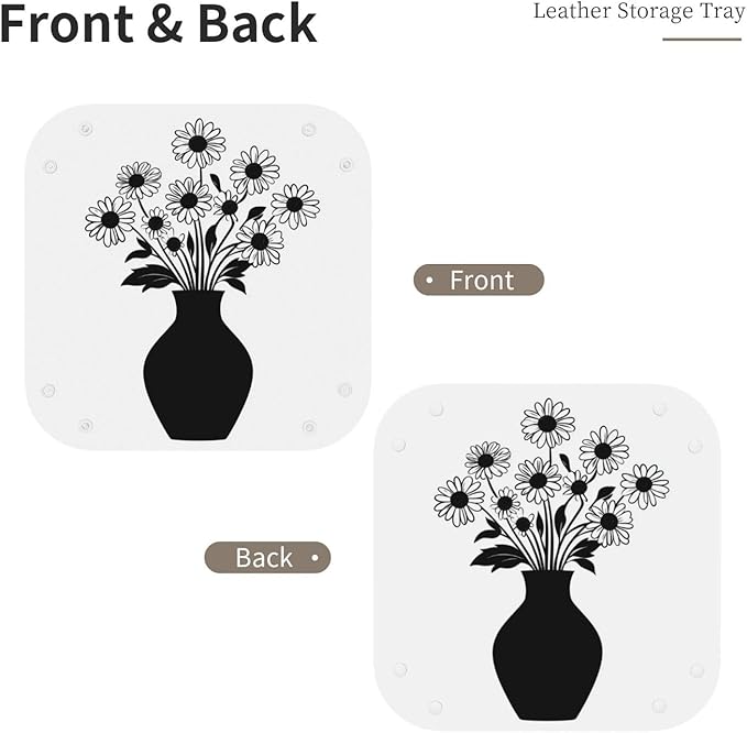 Vase of Daisies Simple Black Minimal Valet Tray Leather Desktop Storage Organizer Bedside for Jewelry Keys Coin Candy Sundries