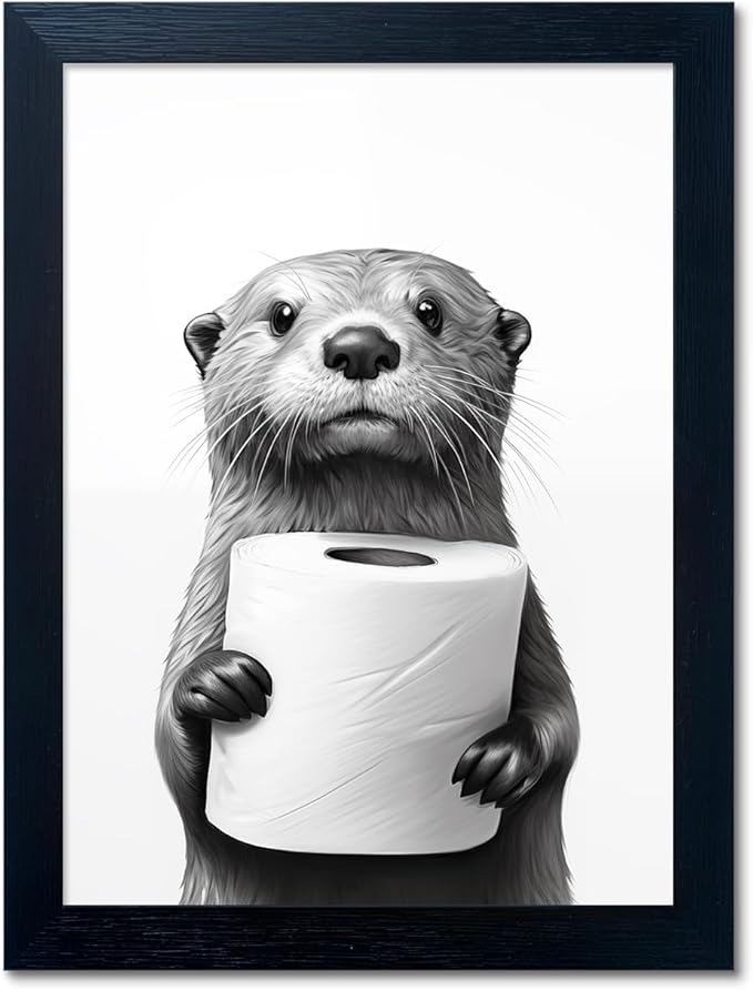 Black and White Bathroom Wall Art, Funny Bathroom Wall Decor, Toilet Paper in Raccoon's Hand Art Decor, Framed Animal Painting for Wall