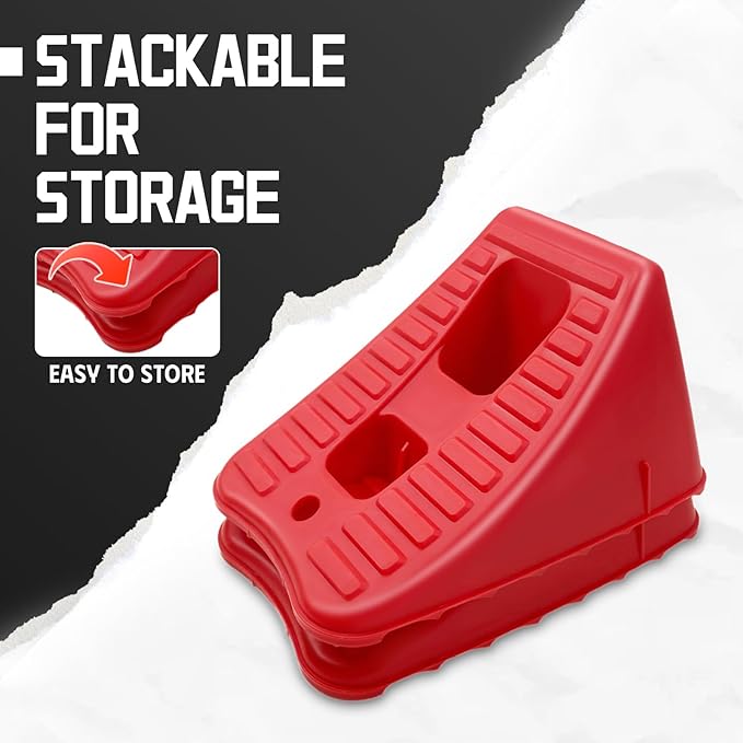 HOXWELL Wheel Chocks for Travel Trailers, 2 Pair Non Slip Red Wheel Wedge Stackable, Lightweight Wheel Stoppers for Cars Campers Trucks RVs, 8.1"×6.1"×4.5", 4 Packs, Red