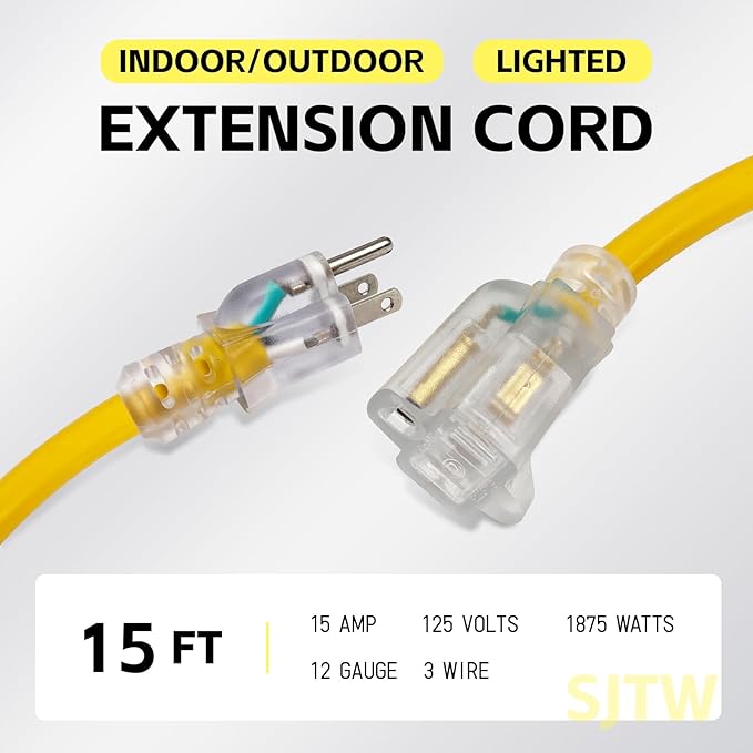EP 15 ft Lighted Outdoor Extension Cord - 12/3 SJTW Heavy Duty Yellow Extension Cable with 3 Prong Grounded Plug - 15AMP Power Cord for Lawn, Garden, Appliances