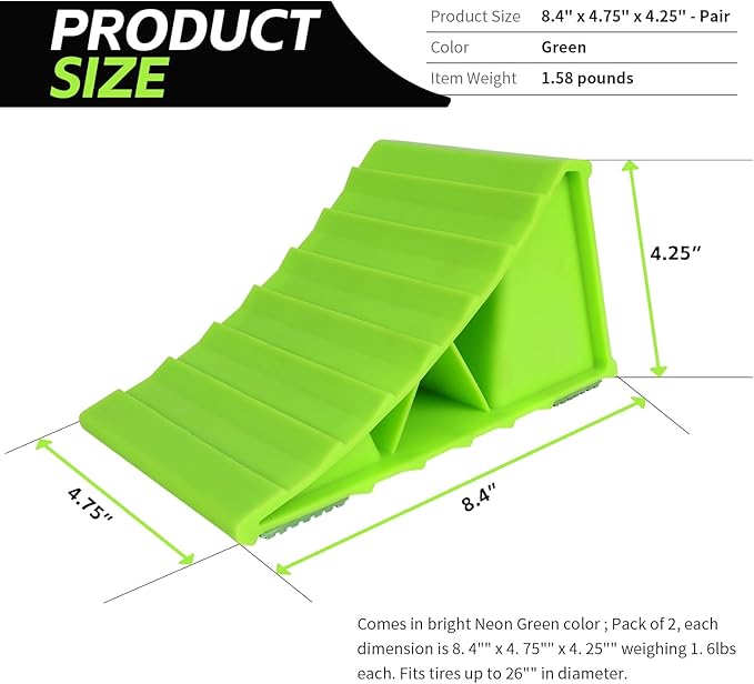 MaxxHaul High Visibility Polypropylene Wheel Chocks 2-Pack 8.4" x 4.75" x 4.25" Non-Slip Base Lightweight Durable Tire Chocks for Cars Trailers and Small RVs Neon Green (50230)