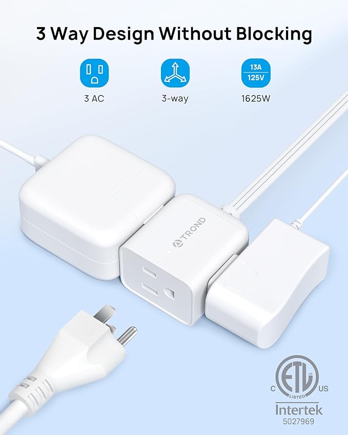 TROND Short Flat Extension Cord 1.5ft - Left Angled Flat Plug Power Strip, ETL Listed, 3 Plug Extension Outlets, Three Prong, SPT 16/3 Gauge, 13A, Small for Indoor Home Office Cruise Travel, White