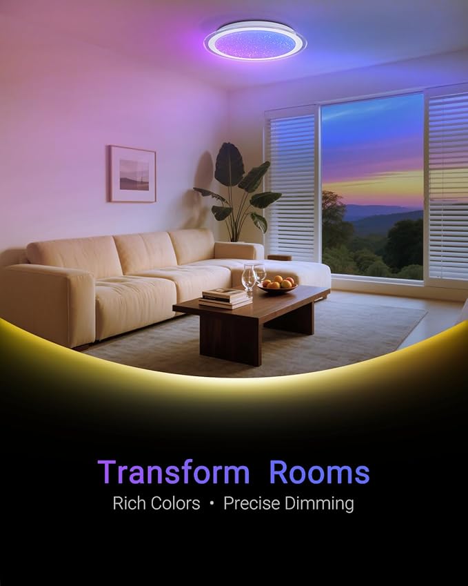 1-Pack, 20 inch Smart LED Music Ceiling Light with Bluetooth Speaker, Compatible with Alexa & Google Home, Color Changing RGB Dimmable Light for Living Room, Bedroom, Kitchen