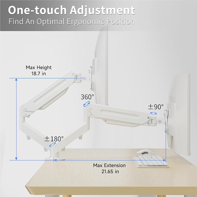 Suptek Monitor Mount Gas Spring Monitor Arm Desk Mount Fully Adjustable Fits 17 20 22 23 24 26 27 32 35 inch Monitors Weight Capacity up to 24.25 lbs, White