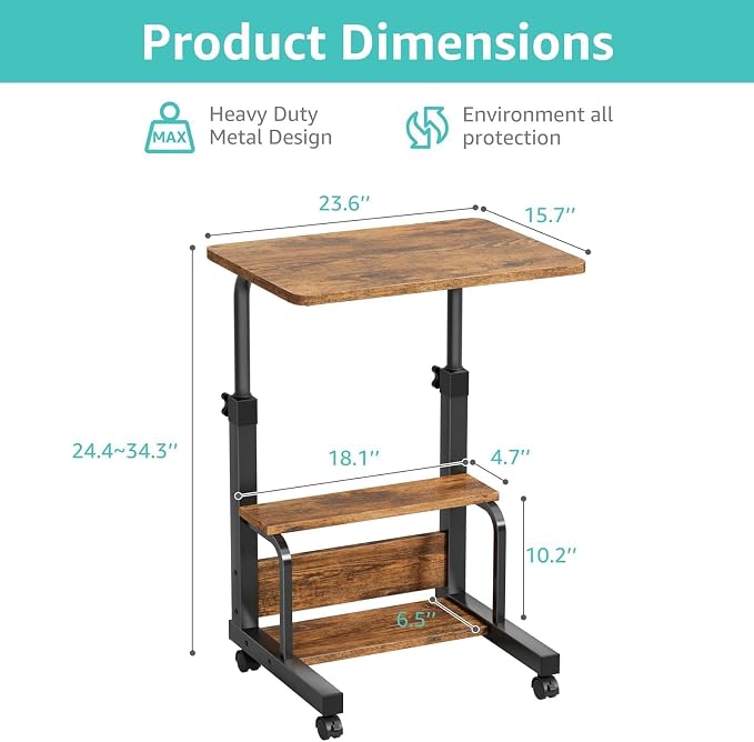 WINAZ C Shaped Rolling Laptop Desk - 24" Rustic Brown Mobile Desk with Wheels for Small Spaces, Height Adjustable Overbed Table with 2-Tier Storage Shelves