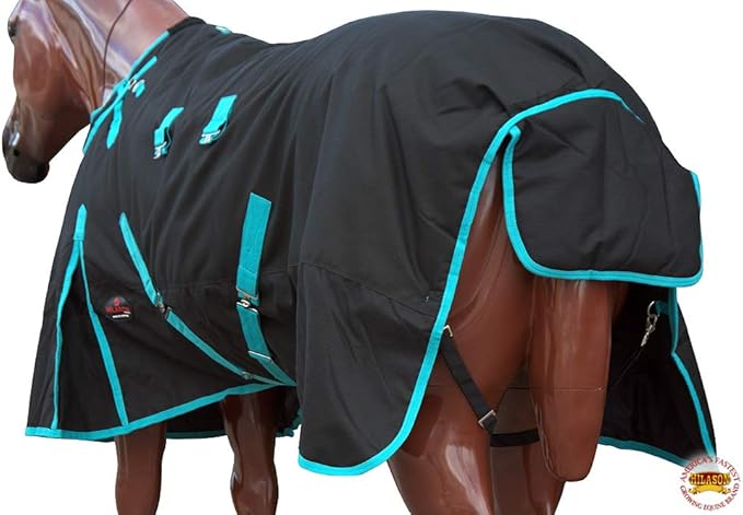 HILASON Black with Turquoise Trims 68 inch 1200D Winter Waterproof Poly Horse Turnout Blanket Belly Wrap
