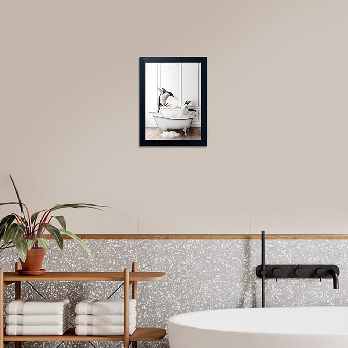 Kids Bathroom Wall Art Framed Black and White Animal Wall Art Cute Penguins in Bathtub Wall Decor Funny Farmhouse Print Pictures Painting for Bathroom