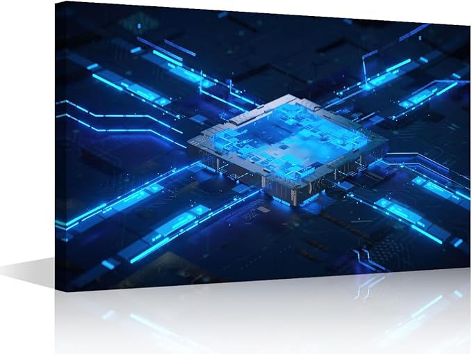 TUMOVO 1 Piece Canvas Wall Art for Bedroom Futuristic CPU Wall Art for Living Room Digital Chip Wall Art Decor CPU Concept Modern Artwork for Home Walls Giclee Framed Ready to Hang 24x16in