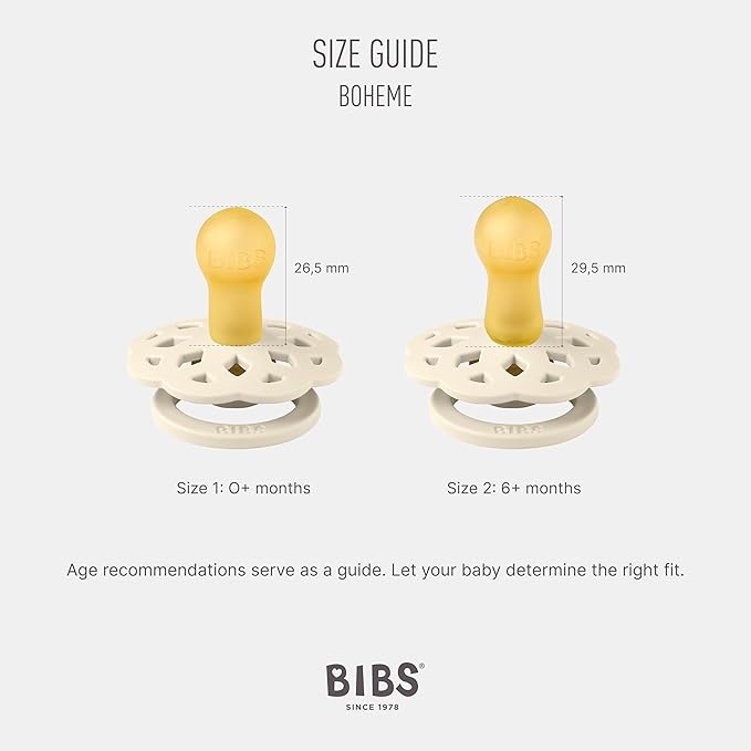 BIBS Boheme Soother 4-Pack. BPA Free Dummy Pacifier, Round Nipple. Natural Rubber Latex, Made in Denmark, Size 2 (6-18 Months), Dusky Lilac Mix