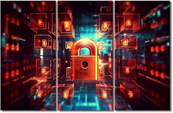Wall Art for Living Room Multi Panels Modern Wall Decor Concept of Cybersecurity and Data Protection Picture Poster, Wooden Framed Gallery-Wrapped Ready to Hang, 60" Wx40 H