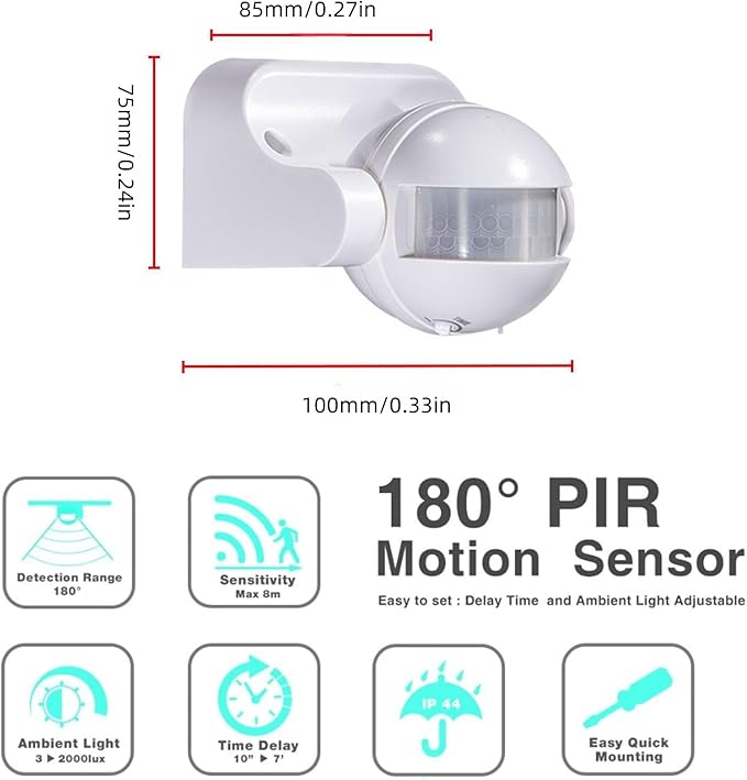 PIR Motion Sensor Light Switch-360° Detection Range, White, 220-240V IP54 Infrared Occupancy Sensor Switch,Djustable Delay Indoor/Outdoor Wall Switch