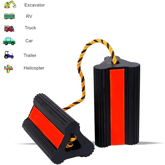 Wheel Chocks Rubber Heavy Duty Trailer Wheel Chocks with Red Reflective Visibility Tape and Yellow Nylon Rope 8.27" x 4.53" x 3.94" (Comes with Spare Red Reflective Strip)
