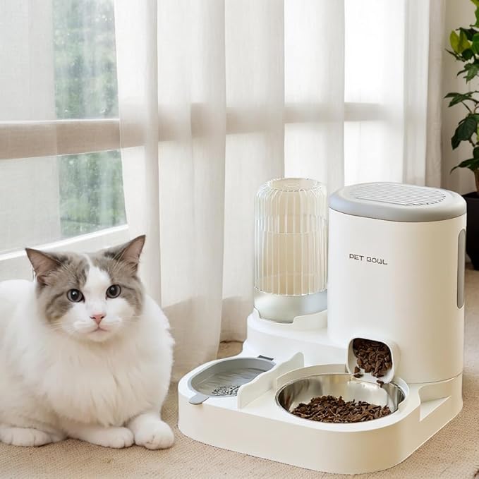 Automatic Cat Feeder & Water Dispenser - Dual Container for Dry/Wet Food, Two-in-One Upgraded Gravity Feeder and Water Dispenser Combo Set for Cats and Dogs. (Grey)
