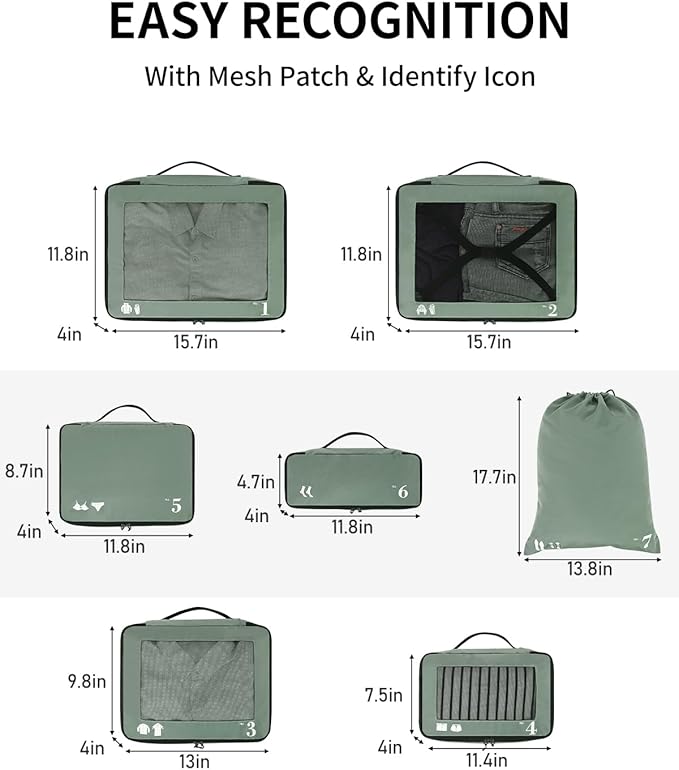 ECOHUB 7 Set Packing Cubes Tear-Resistant Luggage Packing Organizers with Number Icon for Travel Accessories Luggage Suitcase Machine Washable Packing Cubes (Green)