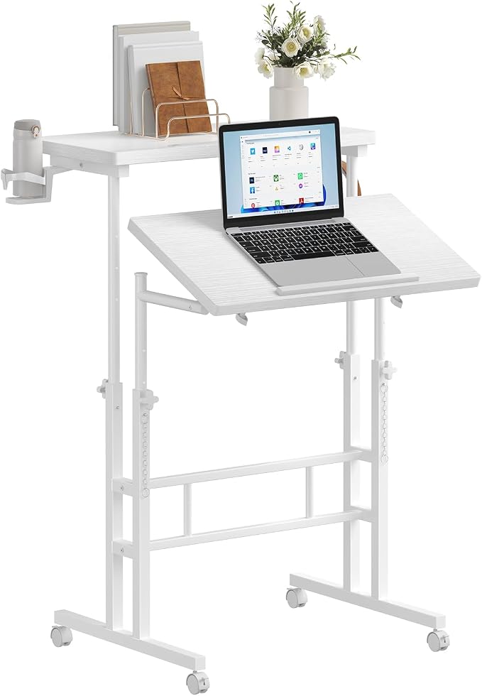 DUMOS Rolling Standing Desk, Sit Stand Desk, Computer Cart | Manual Height Adjustable, Split Top Mobile, Laptop Workstation, Portable Home Office, Walking Pad Study Surface, Modern White