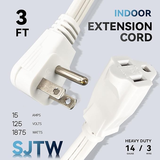 EP 3 Ft Heavy Duty Appliance Extension Cord - 14 Gauge 3 Prong SPT-3 Cable Wire, Ideal for Air Conditioners, Refrigerators, and Major Appliances - Indoor Use, White