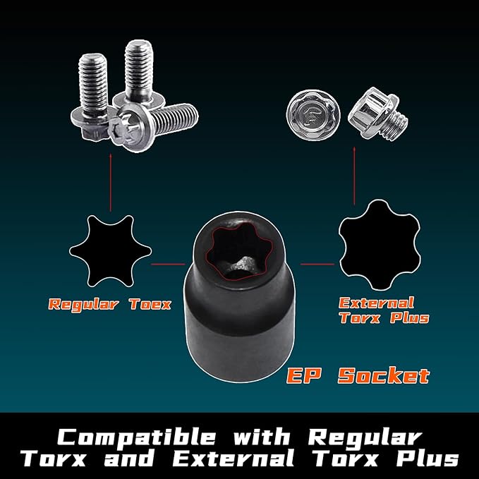 Torx Plus Socket Set, External Torx Plus 6 Point EP Socket EP4 - EP32 19Pcs With 1/2'' 3/8'' 1/4'' Dr, Replacement for E-TORX Socket Set, Works with Most Cars and Tesla